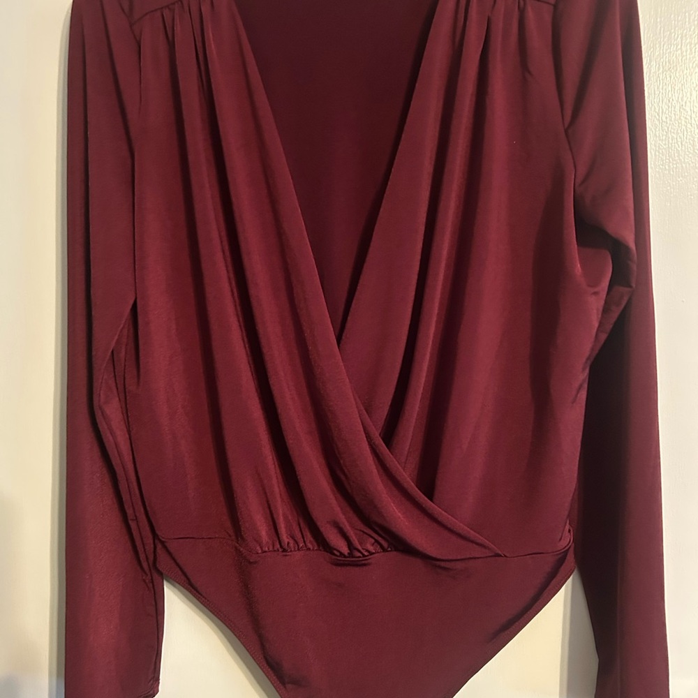 Express Burgundy Long Sleeve Wrap Bodysuit